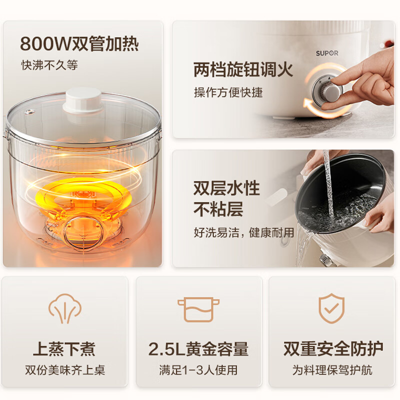 苏泊尔(SUPOR)电煮锅 电蒸锅 多功能泡面宿舍小火锅 2.5L带蒸屉电炖锅 蒸煮一体电热锅H25YK680A高清大图