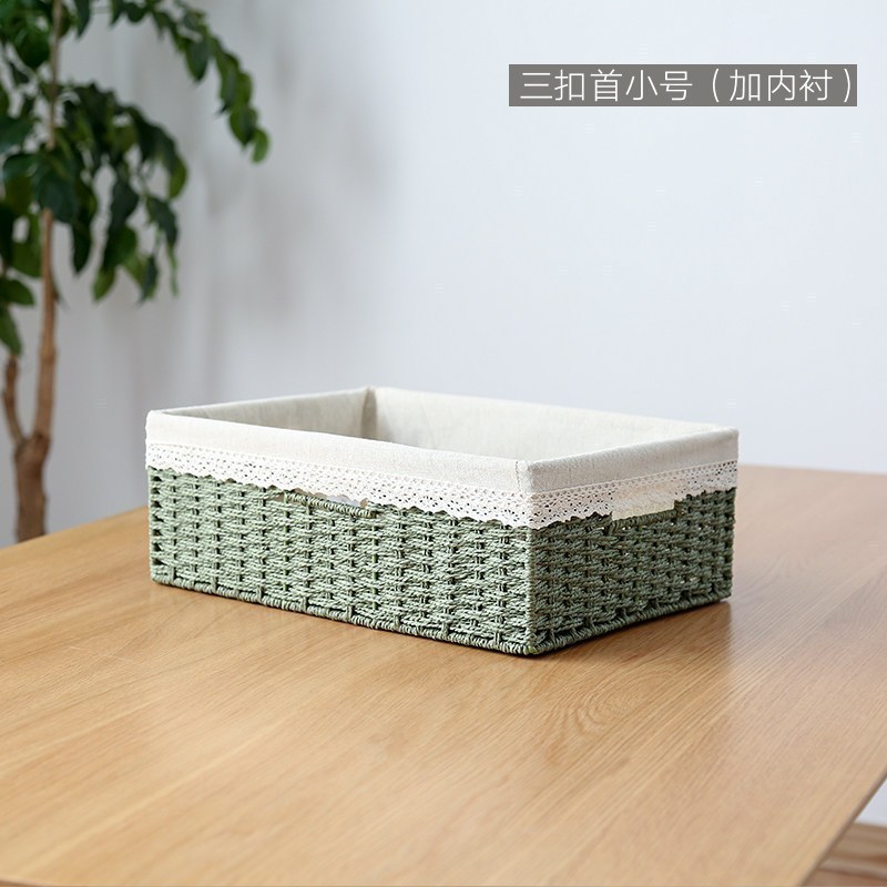 家柏饰(CORATED)收纳筐藤编篮子桌面杂物零食收纳框家用编织储物收纳盒玩具置物篮 浅绿色【小号-三扣-有内衬】