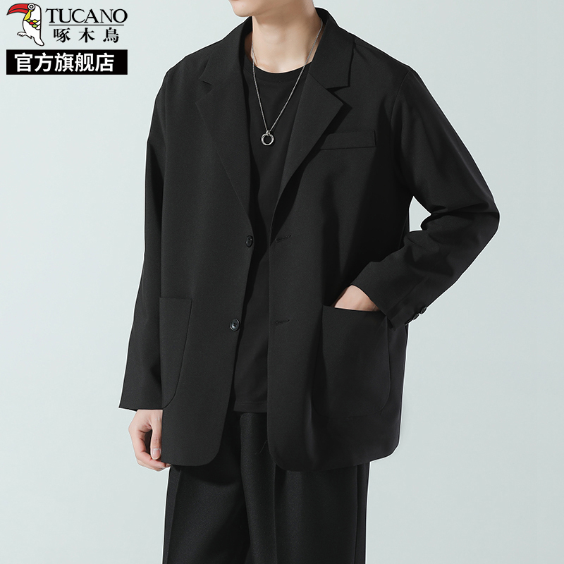 啄木鸟黑色高级感西装外套男士秋冬季宽松休闲礼服小西服伴郎服服高清大图