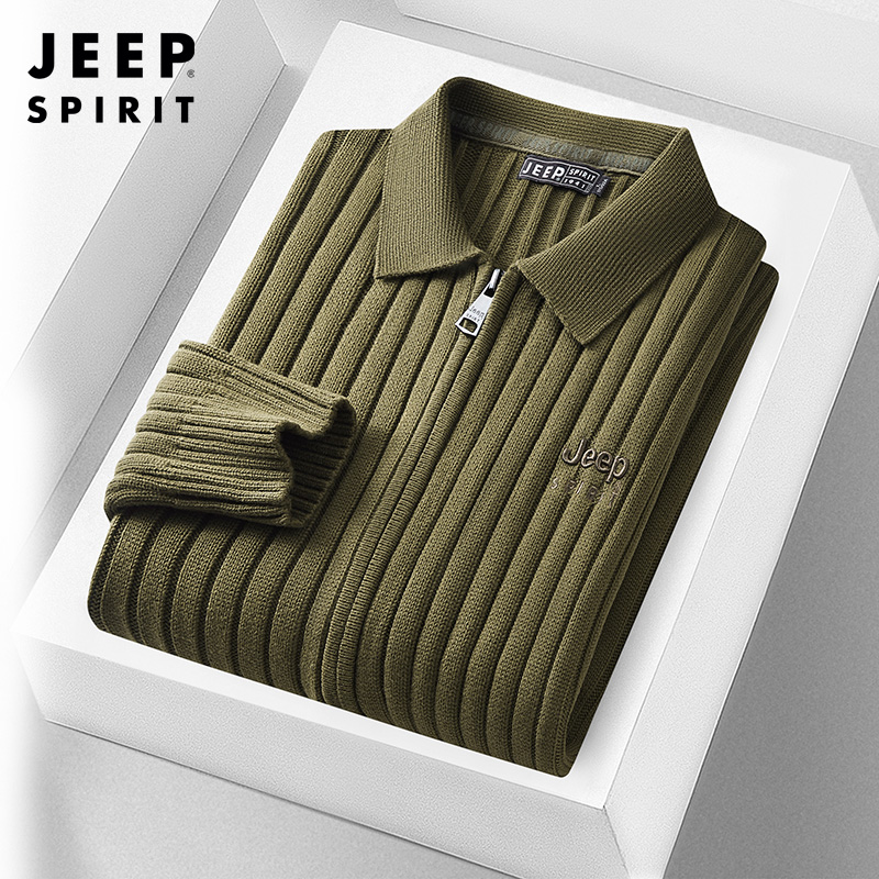 JEEP SPIRIT吉普纯棉针织开衫男士潮牌纯色百搭翻领毛衣保暖外套时尚型酷毛衫高清大图