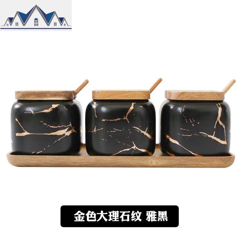 轻奢北欧陶瓷调料盒厨房调味罐子油盐味精佐料调味料瓶套装收纳盒_1_238 雅黑三件套
