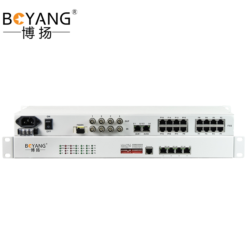 博扬 综合业务电话光端机 4路E1+16电话2百兆物理隔离2千兆物理隔离网 BY-4E1-16P2FV2GV-40KM