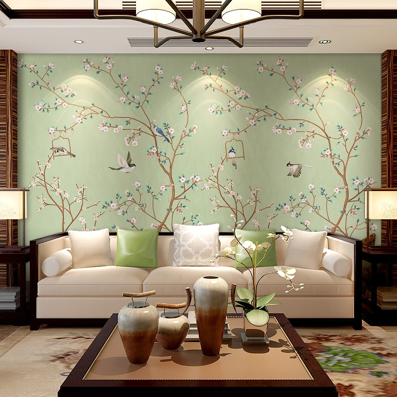 闪电客新款素色花鸟墙布壁画客厅装饰电视背景墙壁纸中式卧室墙纸背景