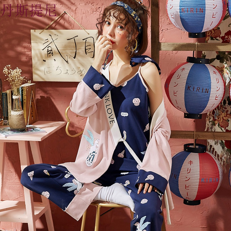 睡衣女春秋冬季长袖卡通可爱睡袍三件套日式和服家居服套装