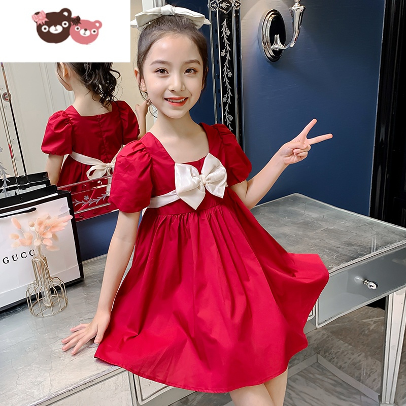 绿彩虹光女童连衣裙夏装2022新款儿童洋气泡泡袖公主裙小女孩夏季红色裙子