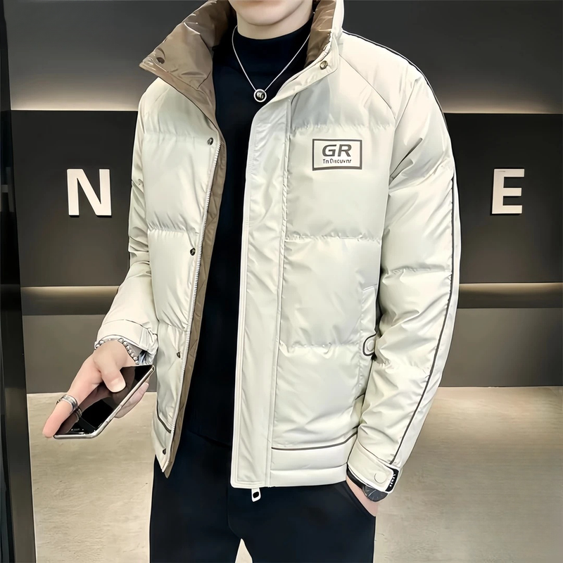 啄木鸟2025潮男立领羽绒棉服男士秋冬新款外套保暖帅气百搭棉衣XN 米白色 3XL建议体重145-160斤