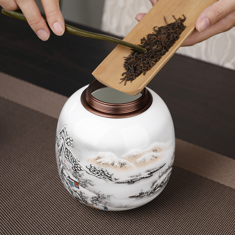 LICHEN 景德镇茶叶罐陶瓷密封储物干坚果罐子中草药防潮防虫带盖罐约半斤装双层金属盖子 山水B