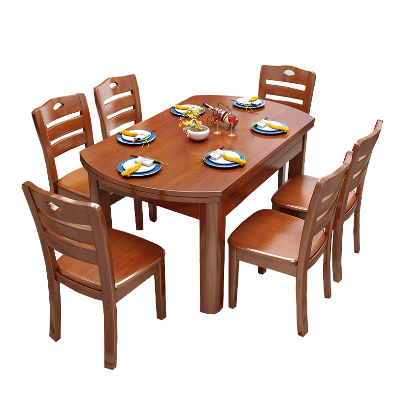 汐实木餐桌海棠色一桌六椅套高清大图