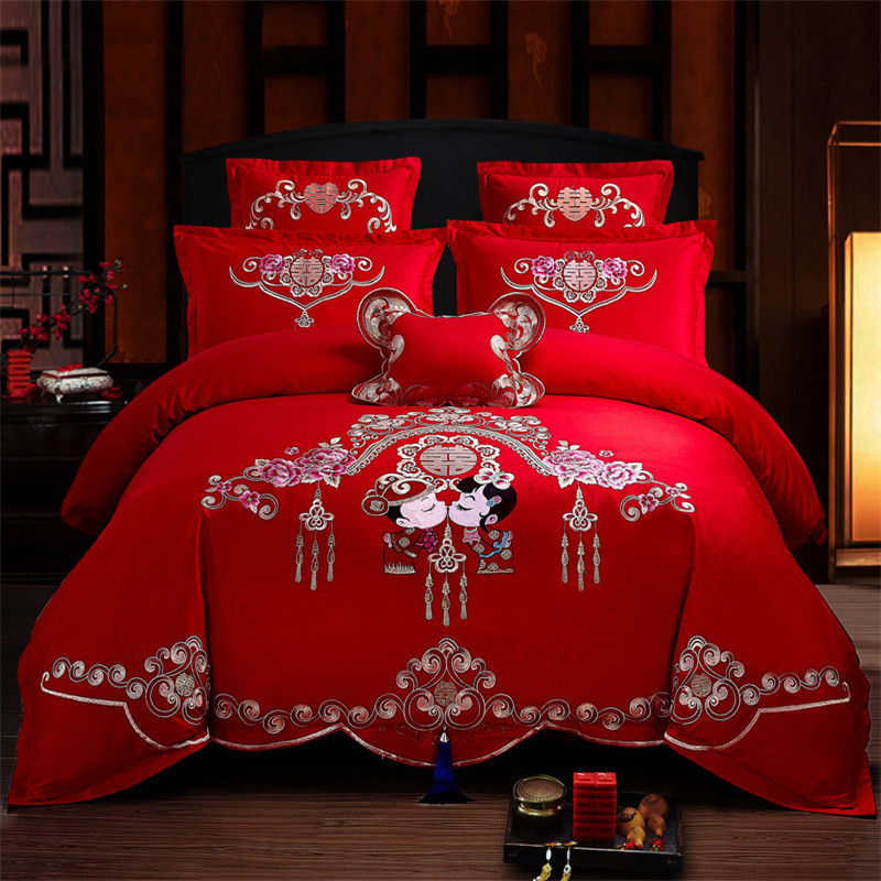 北叙家纺全棉婚庆四件套新婚床品多件套纯棉被套大红结婚房喜庆套件