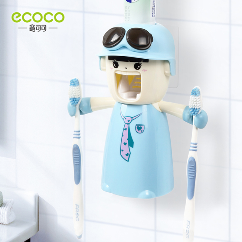ecoco挤牙膏器全自动儿童卡通创意牙膏牙刷置物架壁挂式懒人 三维工匠 天蓝色牙膏器+漱口杯高清大图