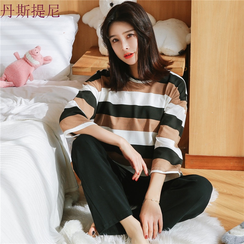 睡衣女春秋夏季纯棉长袖宽松大码可外穿阔腿裤薄款韩版家居服套装