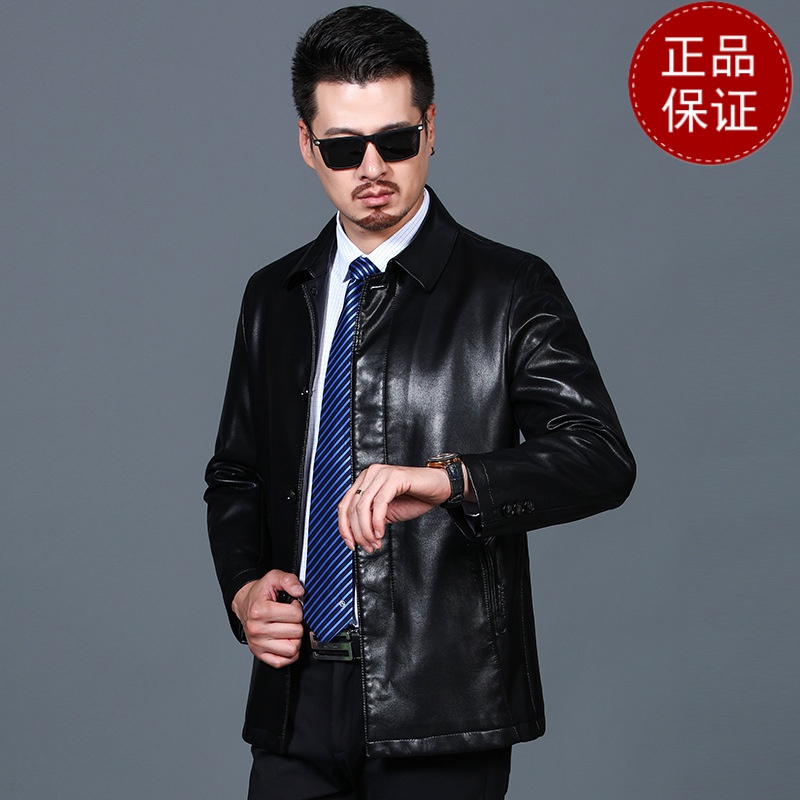 免费试穿 海宁春秋加绒中老年男士皮衣绵羊皮翻领宽松爸爸装休闲真皮皮外套2024冬装新款羊毛保暖裤男大码内穿毛裤加绒裤高清大图
