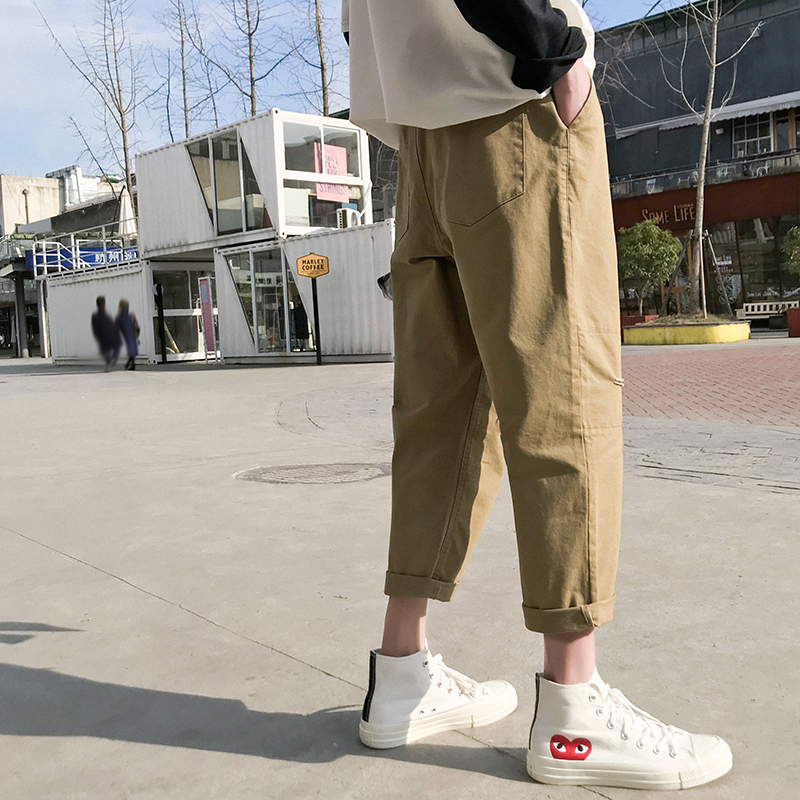 2018夏季年轻男士膝盖破洞休闲裤韩版百搭纯色青少年九分裤子