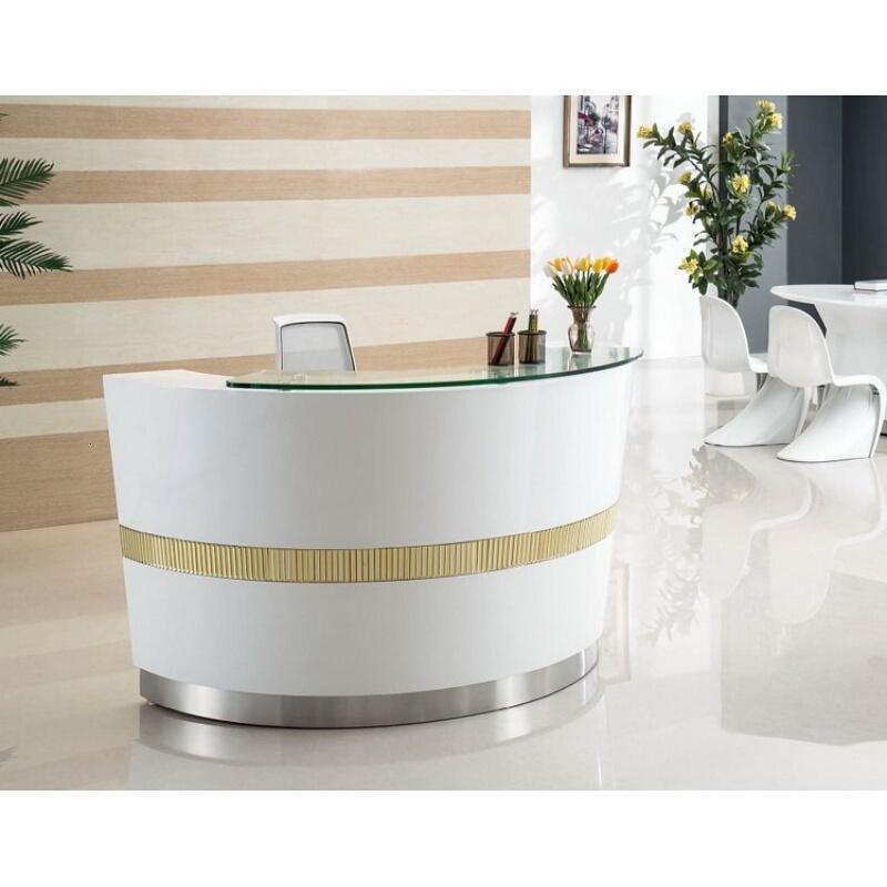 淮木半圆型前台弧形圆边吧台办公玻璃接待台白色烤漆金色服务台180高