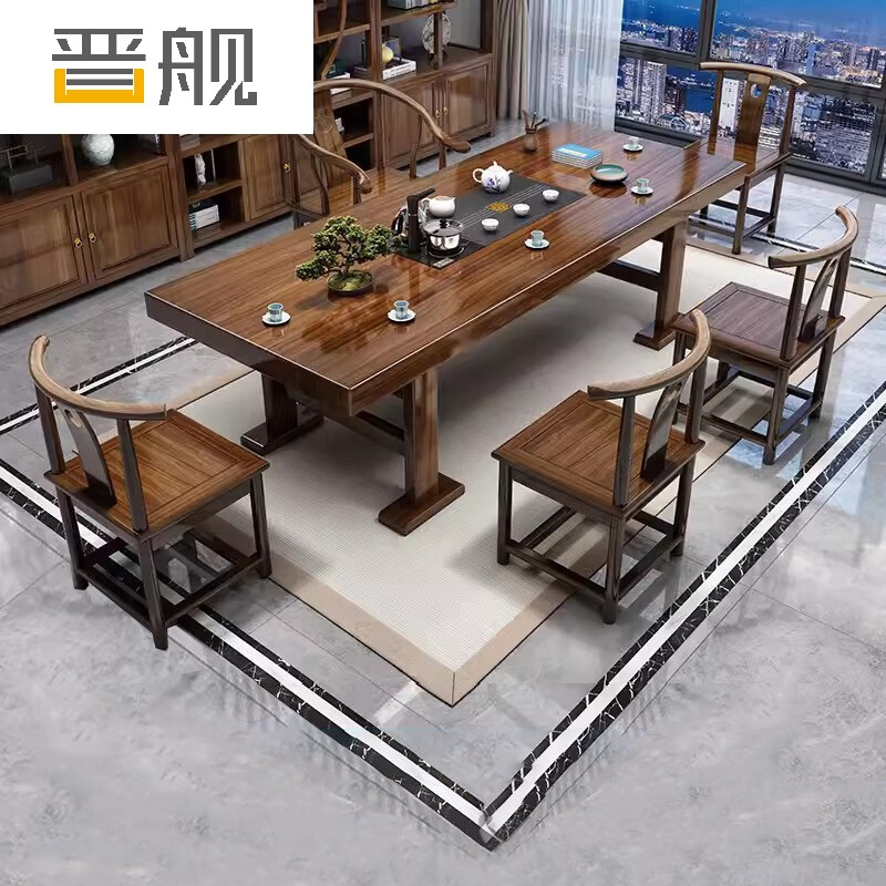 晋舰 原木大板茶桌椅组合茶海茶桌办公室茶几茶道喝茶桌套装一体2米单桌+1围椅4月牙椅