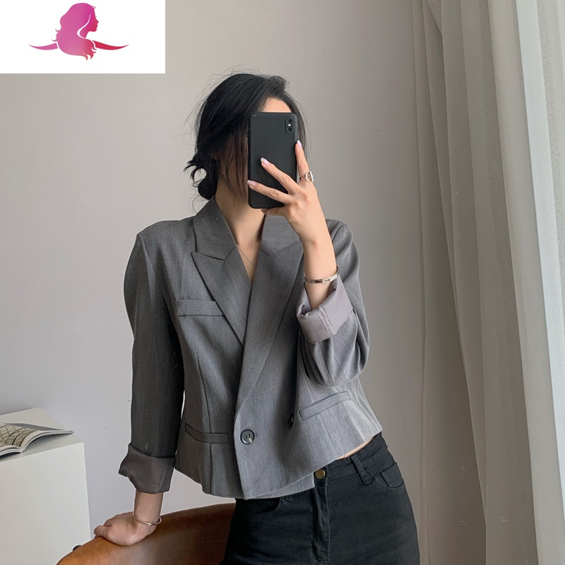 艳如飞chicroom灰色西装外套女短款春秋宽松休闲小个子西服女上衣套装