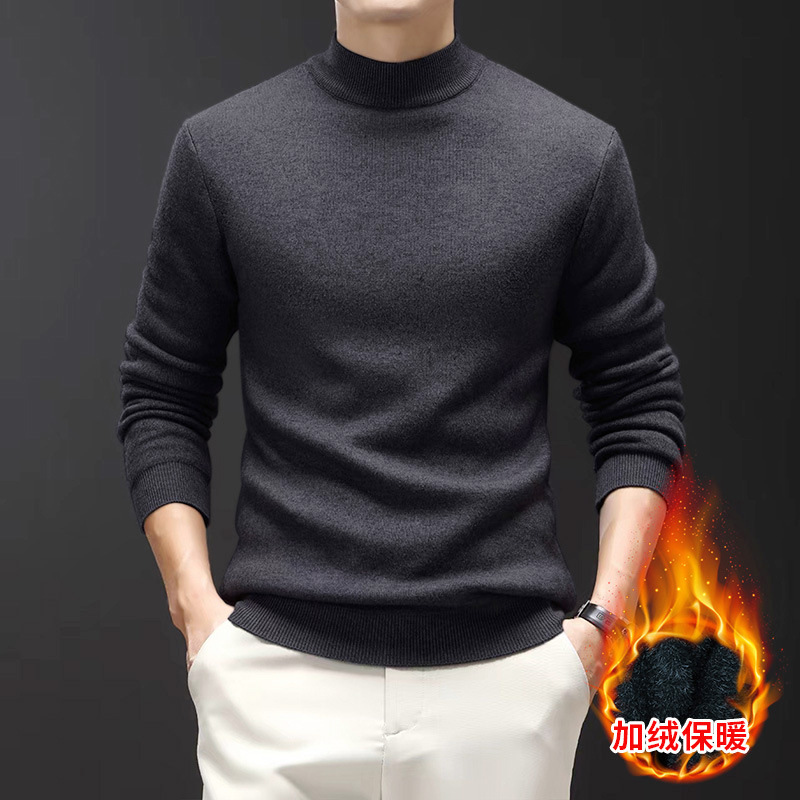 羊毛衫男士一体绒2024秋冬季新款半高领加绒轻奢毛衣男高清大图