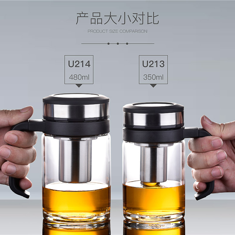 万象玻璃杯单层带把玻璃杯防烫带滤网办公泡茶喝水杯水晶杯