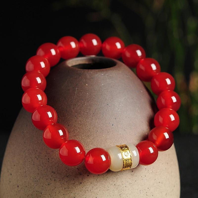 手串10毫米红玛瑙珠子串金镶玉转运珠配饰手链女款手链送女朋友七夕