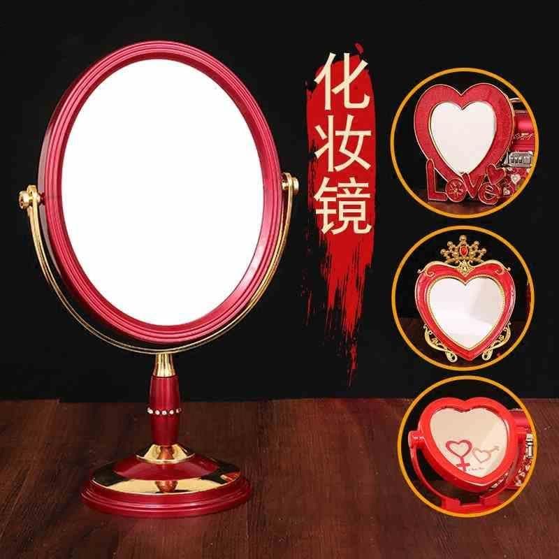 结婚镜子新娘高档化妆镜子红色梳妆台式镜子圆形新人陪嫁婚庆用品 玫瑰椭圆立柱镜(1个)图片