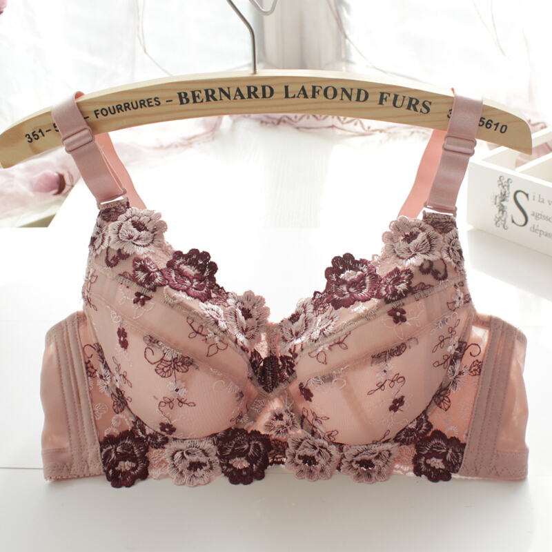 大码文胸刺绣花朵有钢圈上托聚拢薄款肩带可拆75-110bcdefh