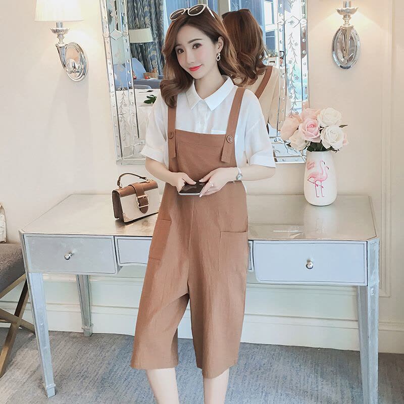 迪鲁奥(DILUAO)孕妇装 2021夏季休闲纯棉背带裤+衬衫两件套阔腿裤两件套装 图片色图片