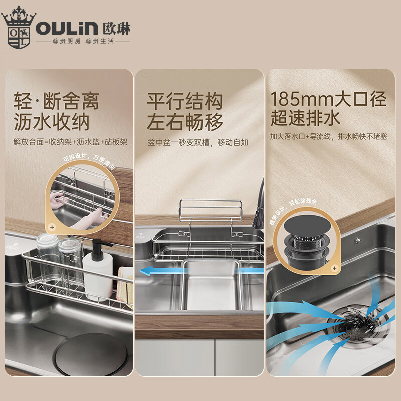 欧琳（OULIN）日式大单槽纳米水槽大单槽厨房洗菜盆不锈钢枪灰色抗菌台下一体盆枪灰色796*496高清大图