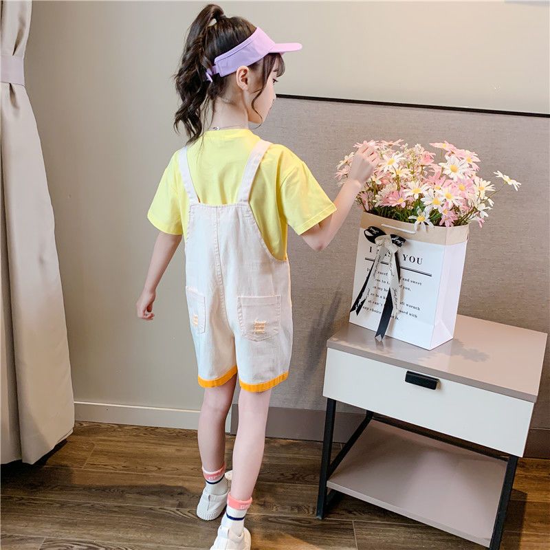 女童夏装背带裤薄款韩版洋气新款儿童背带短裤短袖两件套装潮
