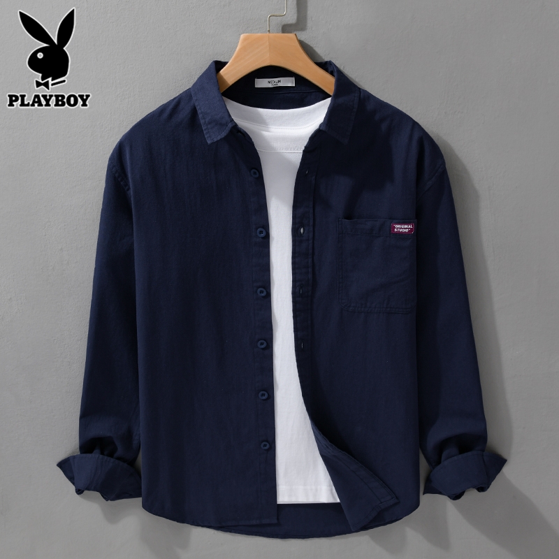 花花公子纯棉衬衫男士长袖夏季日系潮流寸衫免熨烫休闲衬衣外套男公高清大图