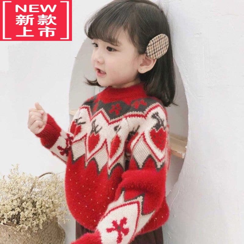 可莉允女童毛衣套头加厚秋冬装中小儿童装宝宝圣诞上衣打底针织衫图片