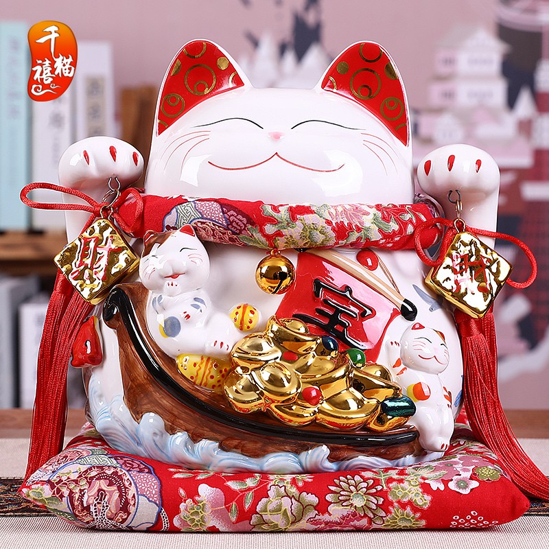 猫摆件 发财猫大号日本陶瓷存钱储蓄罐店铺开业创意礼品家居 三维工匠 10寸四季发财(木底座)猫高清大图