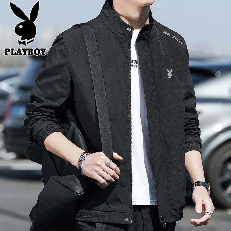 花花公子夹克春秋季新款男士时尚休闲上衣青年潮流黑色外套男装
