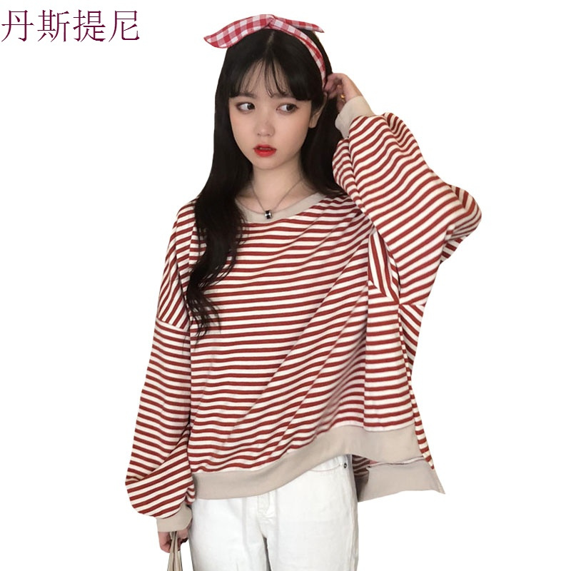 秋季女装韩版学院风条纹套头卫衣学生宽松圆领长袖休闲上衣外套潮