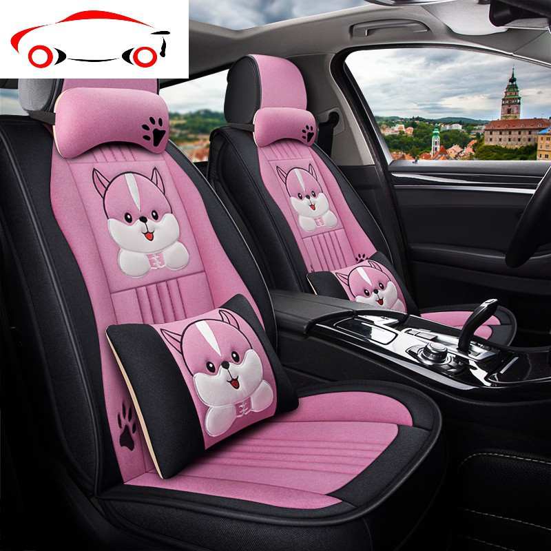 卡通汽车坐垫四季通用可爱全包围麻布夏季布艺专用女士亚麻座套jing