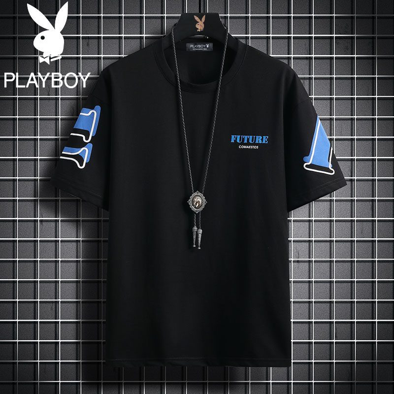 花花公子夏季新款潮流字母印花短袖T恤男圆领宽松五分袖打底青年