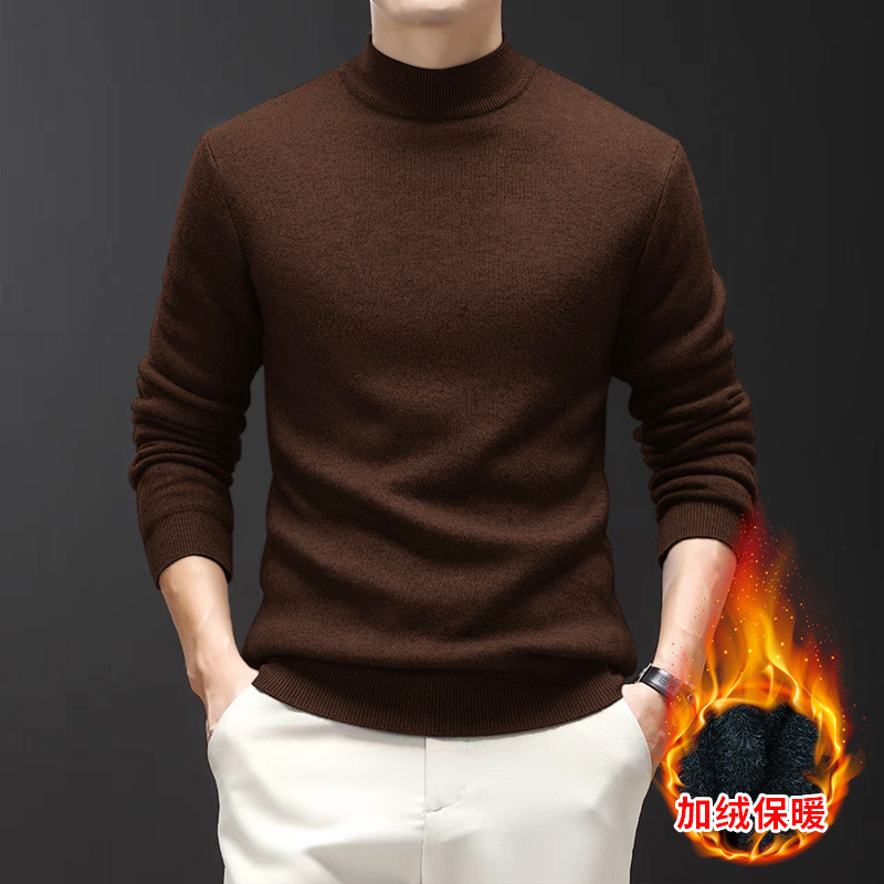 羊毛衫男士一体绒2024秋冬季新款半高领加绒轻奢毛衣男 咖色 XL