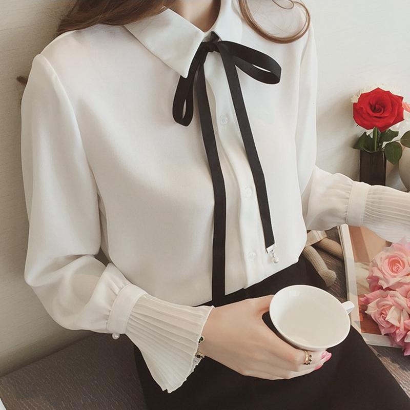 盛世尼曼春装新款雪纺打底衬衫女蝴蝶结领带纯色心机上衣学生长袖小众