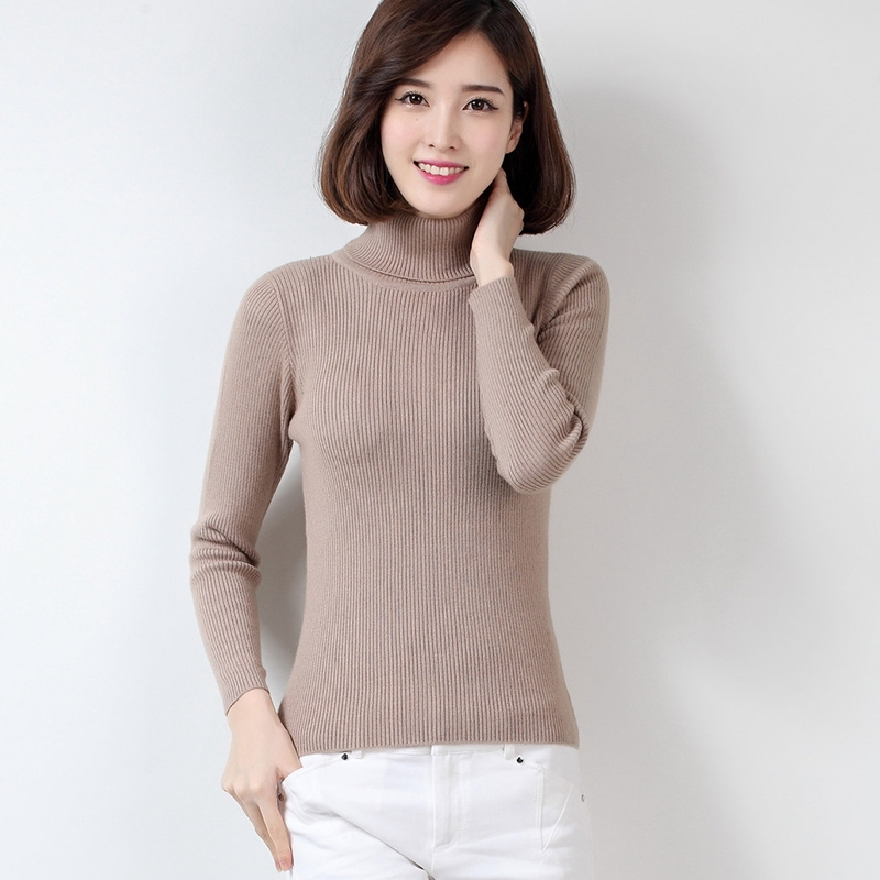 秋冬新款女士抽条高领羊绒衫修身打底高翻领打底衫百搭毛衣