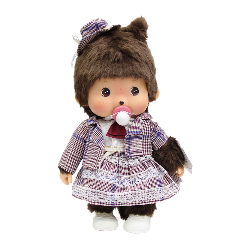 mengqiqi卡通系列蒙奇奇毛绒玩具站立造型娃娃基本款围兜羊角辫女孩