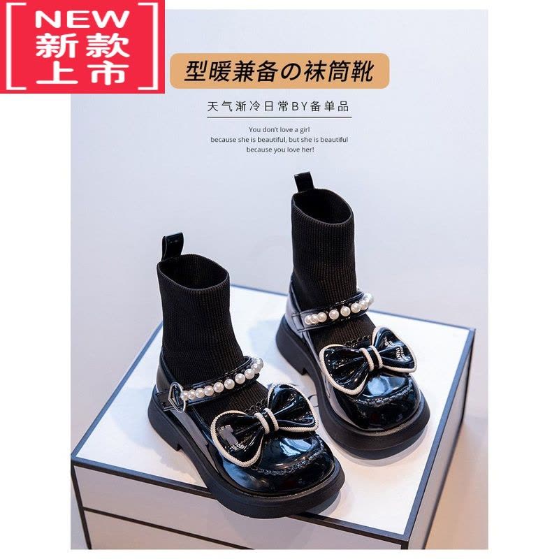 可莉允童鞋女童靴子春秋新款软底二棉袜靴中大童黑色玛丽珍马丁靴小女孩图片