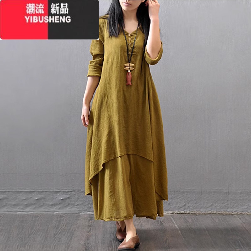 YIBUSHENG新款民族风优质假两件长裙春秋大摆亚麻连衣裙宽松长袖棉麻裙高清大图