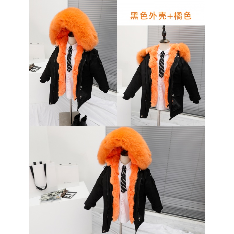 举翼王子男女中小儿童獭兔皮毛一体内胆派克服毛毛皮草外套中长款宝宝 黑色外壳+橘色 140