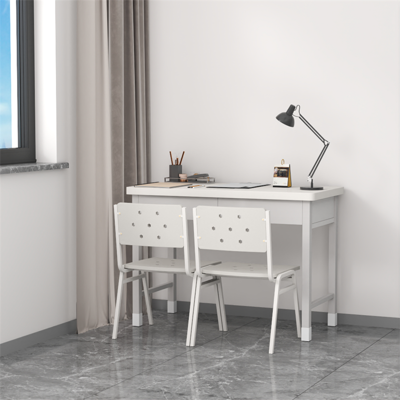 富路达钢制学习桌写字桌学员电脑桌内务办公桌宿舍干部二抽桌+两椅高清大图