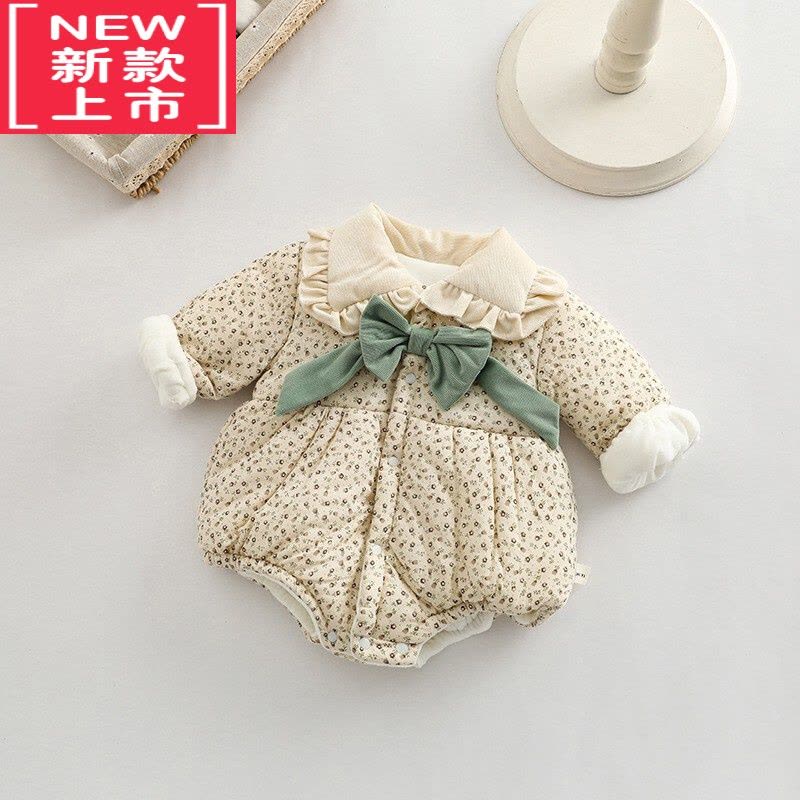 可莉允韩版冬季婴儿衣服女宝宝夹棉加厚冬款棉服超萌包屁碎花蝴蝶结哈衣图片