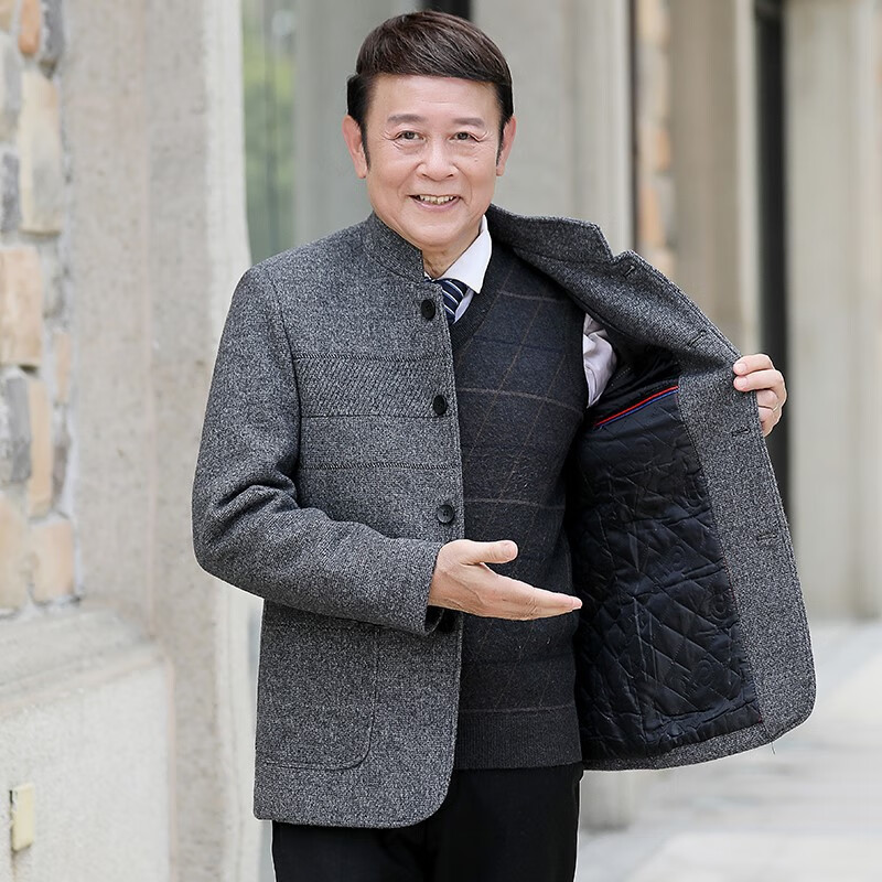 品牌爸爸毛呢外套中老年秋冬男夹克中年男士款爷爷加厚上衣老年人衣服