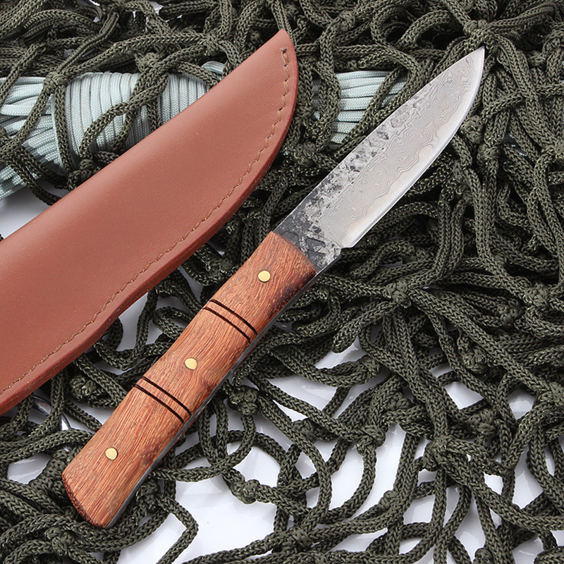 户外小刀手工锻打花梨木竹柄花纹钢直刀小刀龙骨一体户外刀具钓鱼小
