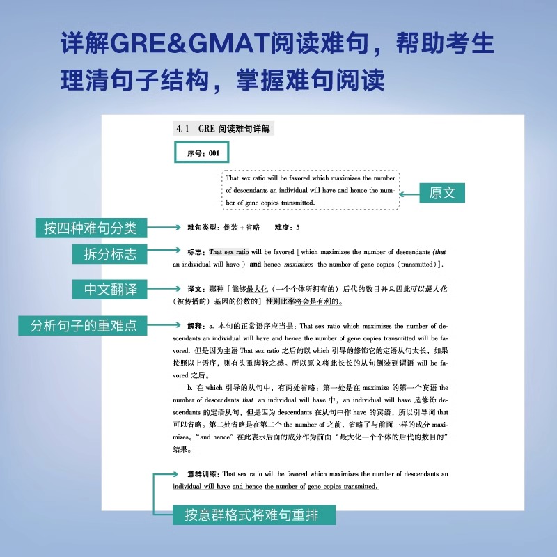 GRE&GMAT阅读难句教程 [正版]GRE&GMAT阅读难句教程gre阅读理解gmat 阅读精讲阅读方法长难句详解高清大图