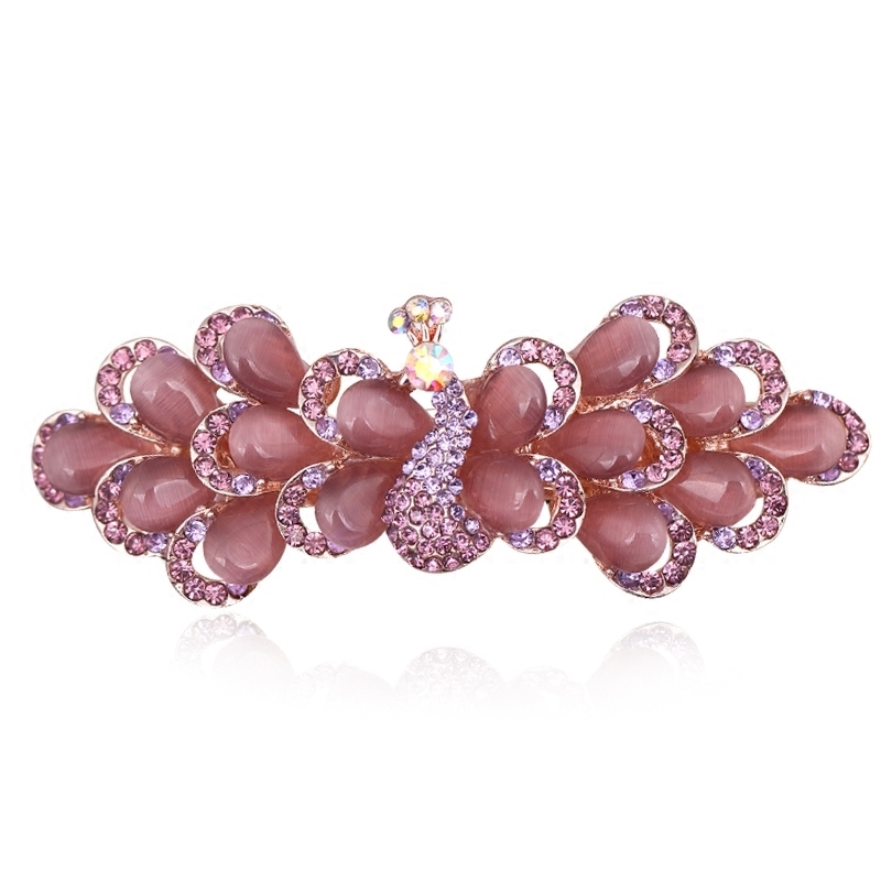 孔雀发饰女士发夹成人水钻横夹马尾夹顶夹大号弹簧夹孔雀猫眼石发夹