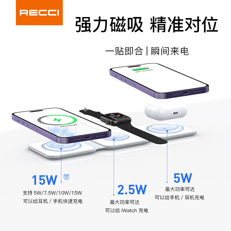 锐思RECCI 无线充电器15W三合一可折叠便携携带可冲耳机手表手机 RCW-36高清大图