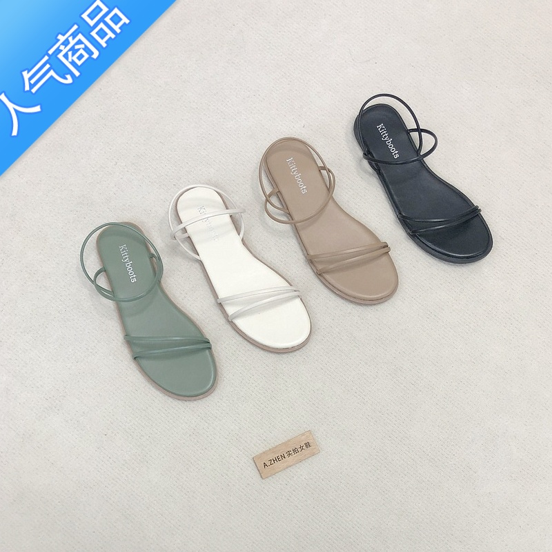 SUNTEK2023年夏季新款平底罗马鞋软底一字带露趾外穿日常复古凉鞋女韩版